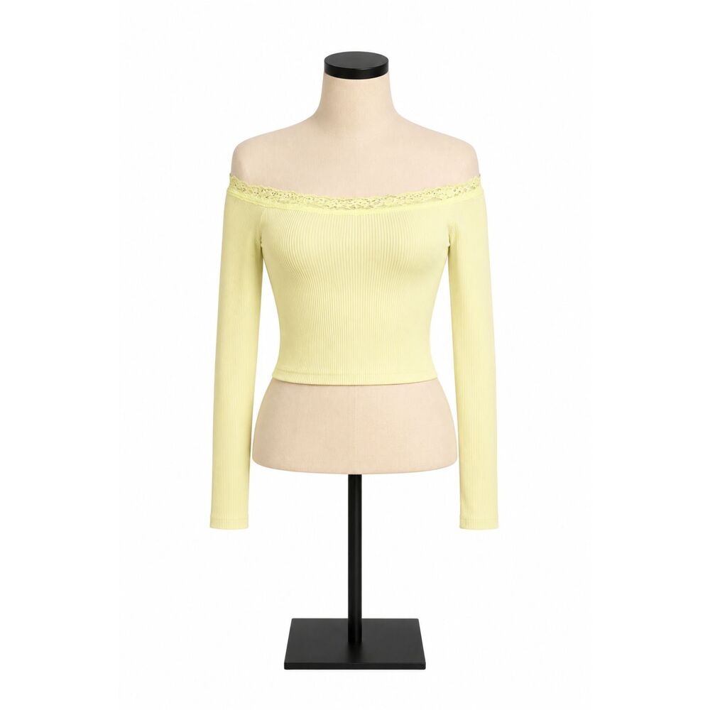 Out From Under XS Ribbed Off-the-Shoulder Lace Trim Crop Top Pale Yellow